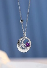 pretty silver moon star baby February birthstone necklace